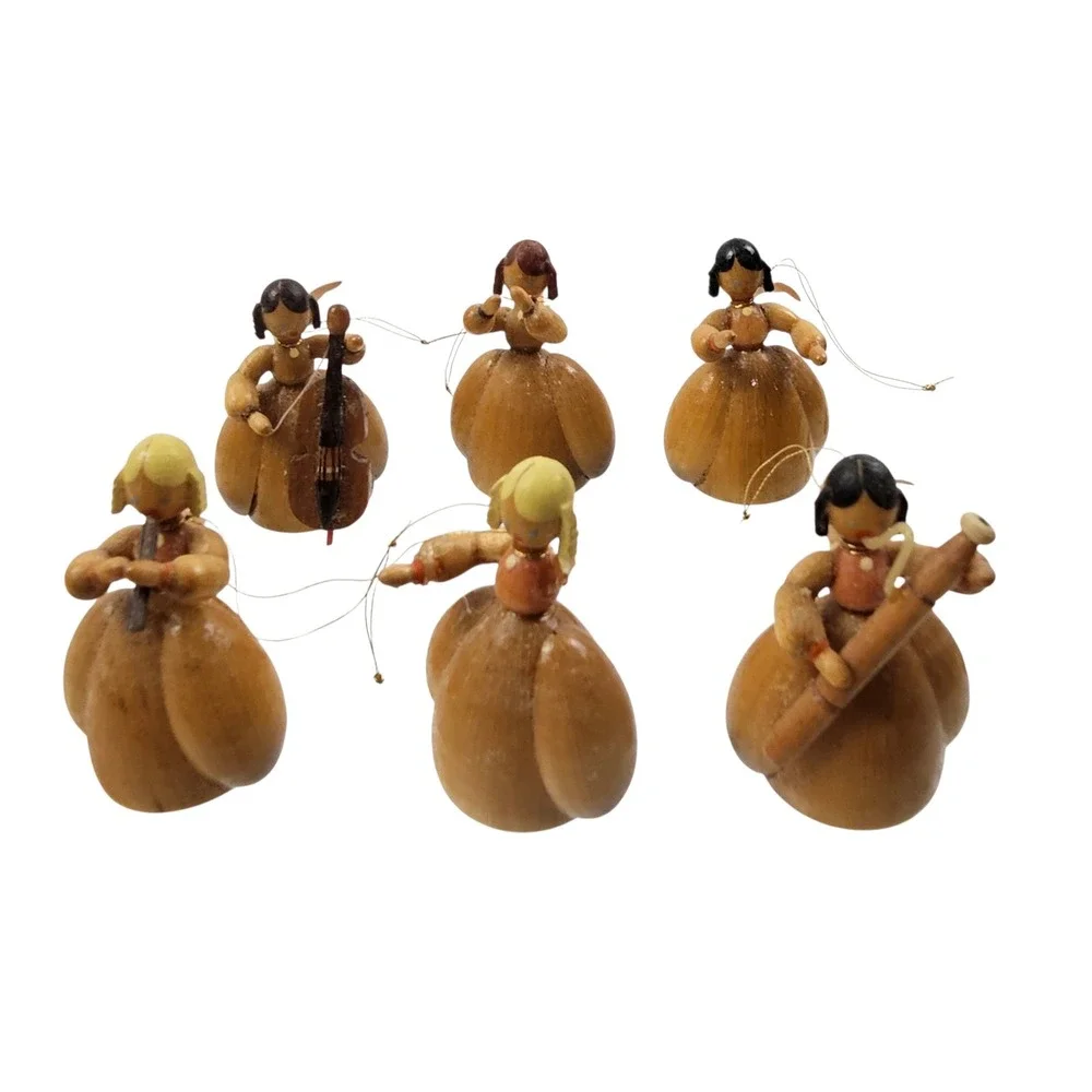 Vintage Hand Carved Wooden Musical Angel Orchestra Figurine Set of 6 Folk Art